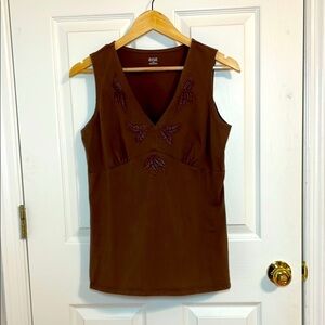 Y2K Embroidered Brown Tank V-neck, Babydoll Top, sleeveless, Large